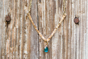 Hammered V Bar Necklace with Sapphire Briollete Drop Charm
