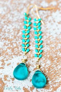 Turquoise Glass and Chevron Chain Earrings