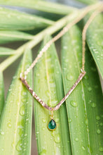 Load image into Gallery viewer, Hammered V Bar Necklace with Sapphire Briollete Drop Charm