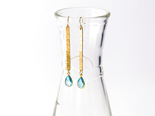 14K Gold Hammered Drop Earrings with Ocean Blue Topaz