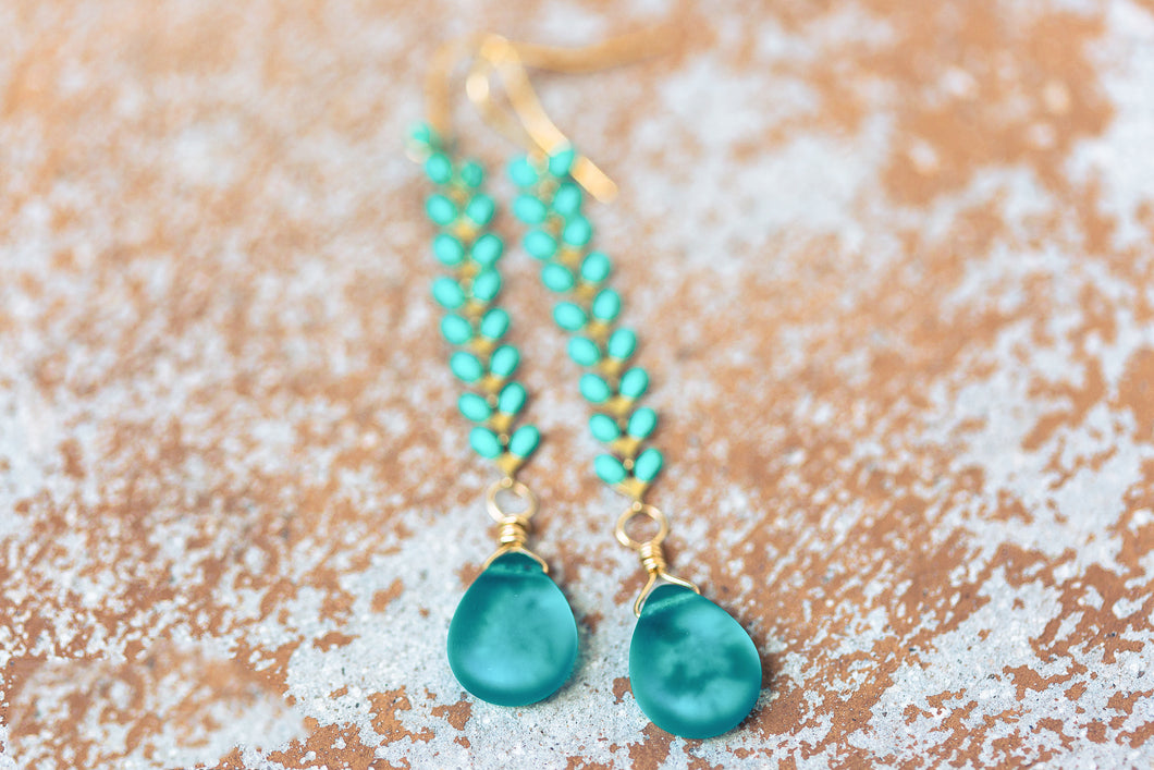 Turquoise Glass and Chevron Chain Earrings
