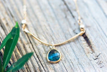 Load image into Gallery viewer, Twisted Gold Bar Necklace with Sapphire Drop Charm
