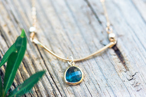 Twisted Gold Bar Necklace with Sapphire Drop Charm